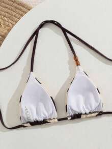 SHEIN Swim Vcay 美拉德彩色吊带裤侧系带装饰女士极简主义复古度假比基尼泳衣上装 - 中紫紅色 - 查看 2