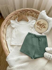Conjunto de blusa blanca y shorts de cintura elástica para bebé niña en verano - Azul Cadete - Ver 2