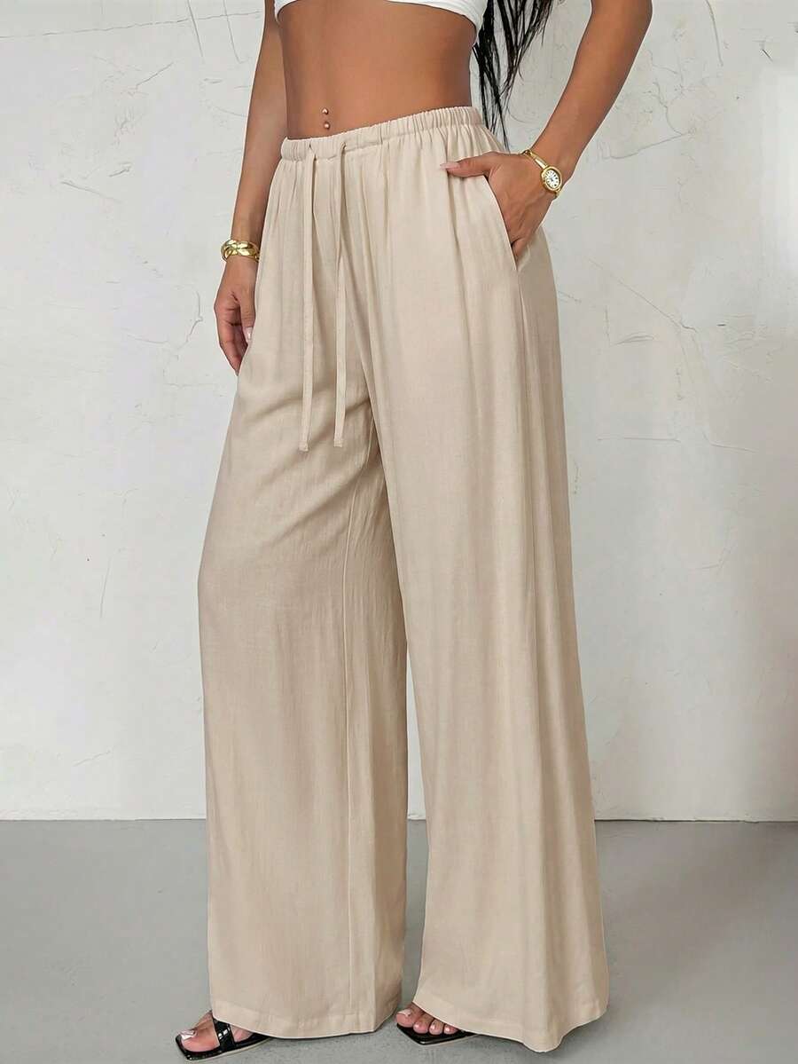 SHEIN PETITE Pantalones casuales de lino de cintura baja y pierna recta para mujer, adecuados para usar de vacaciones, primavera/verano - Albaricoque - Ver 1