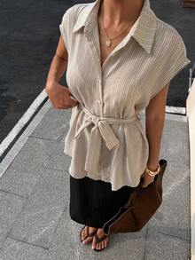 Livesso Robe chemise à manches courtes pour femmes, style décontracté et ample, style de bureau, style de rue, avec ceinture à la taille, rayures pour le printemps et l'été - Kaki - Voir 5