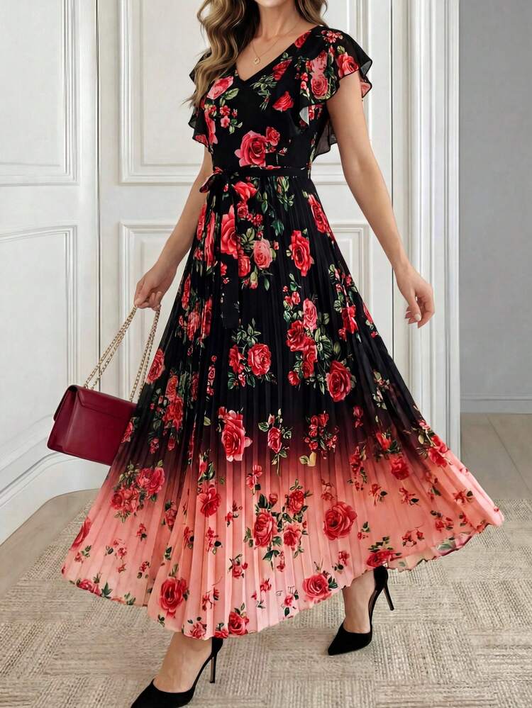 V-Neck Floral Print Ruffle Hem A-Line Pleated Elegant Romantic Dress For Women,Summer Dresses For Women,Festival Outfits For Women,Mother's Day ,Party Dress,Elegant Dresses For Women,Floral Dress,Red Dresses