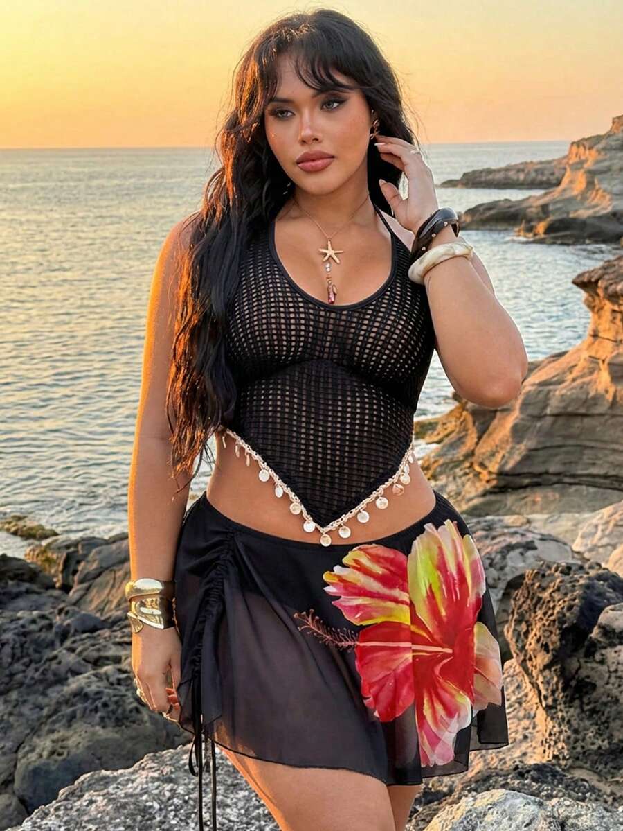 Rustia Faux Knit Crochet Sexy Spaghetti Strap Tie Strap Shell Trim Women Camisole And Tank Top - Black - View 1