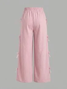 SHEIN Tween Girls Ribbon Bow Decor Loose Fit Black Casual Pants, Versatile Streetwear - Pink - View 6