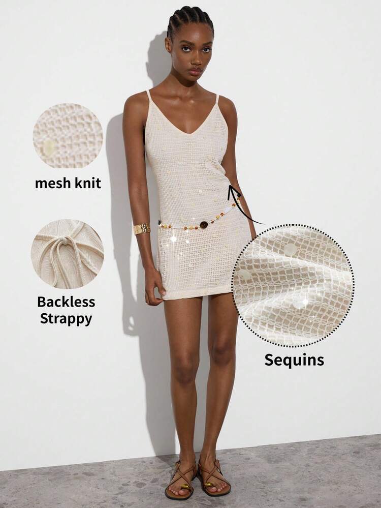 SHEIN Maija MAIJA Vacation Crochet Mesh V-Neck Spaghetti Strap Bodycon Dress,Summer Dresses For Women