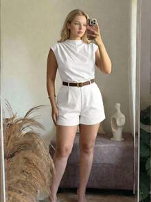 SHEIN MOD PLUS SIZE WOMEN HIGH NECK SOLID POCKET JUMPSUIT WITH BELT - White - View 6