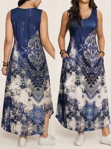 SHEIN LUNE 大码女士休闲无袖连衣裙，佩斯利印花，适合度假 - 彩色 - 查看 3