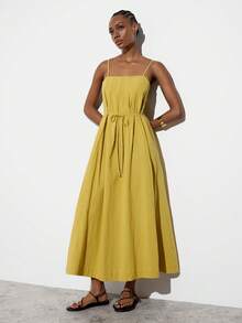 SHEIN Maija MAIJA Vacation Cotton Square Neck Spaghetti Strap Pleated Maxi Dress,Summer Dresses For Women Yellow Dress Yellow Sun Dresses For Women Yellow Dress Women Strappy Maxi Dress Yellow Maxi Dress - Yellow - View 6