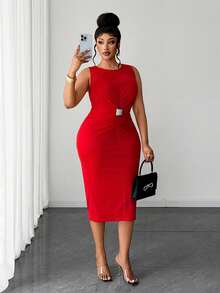 Maweii Plus Size Women's Red Summer Elegant Satin Party Dress,Sleeveless Boat Neck Ruched Waist Metal Button Mid-Length Bodycon Pencil Reception Outfit - Red - View 2
