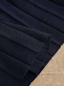Anewsta Elegant Solid Color Heavyweight Knit Fitted Pleated Dress For Women, Summer - Navy Blue - View 8