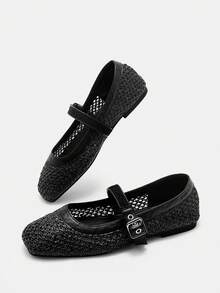 CUCCOO CURVES Zapatos de mujer de ancho amplio, con punta cuadrada, suela plana, de tela de paja negra, con estilo simple y cómodo, transpirable para uso diario, fiesta, casual, vacaciones, con hebilla, tallas grandes - Negro puro - Ver 6