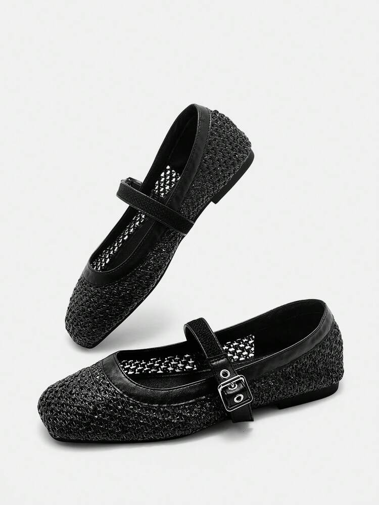 CUCCOO CURVES Women Shoes Wide Fit Outdoor Women's Square Toe Flat Bottom Black Straw Fabric Stylish Simple Comfortable Breathable Daily Party Casual Holiday Buckle Shoes Plus Size