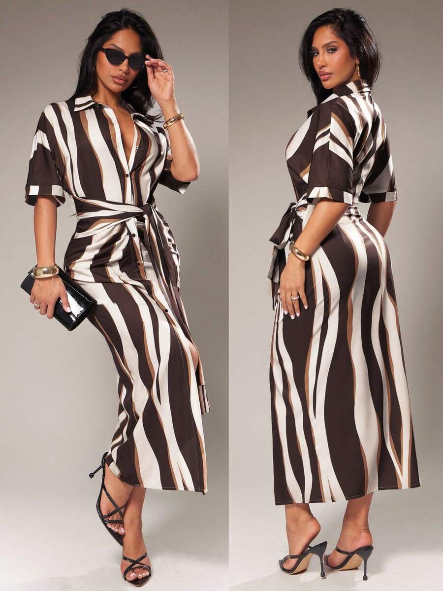 Radiana Đầm sơ mi dáng suông thanh lịch, thắt eo họa tiết sọc trừu tượng màu nâu, thích hợp cho các hoạt động thường ngày, đi làm, hẹn hò, tụ họp, tiệc trà, nghỉ dưỡng trên đảo, đi biển, du lịch nghỉ lễ. Bộ trang phục công sở nữ, đầm quấn quanh eo dành cho phái nữ, thương hiệu Katseye Women's Holiday Co Ord. - Nhiều màu - Xem 1