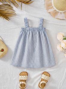SHEIN Baby Girl Blue & White Striped Backless Tie Strap Dress - Blue and White - View 4