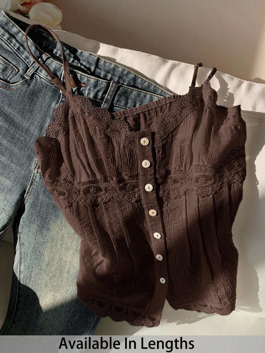 SHEIN Tall CURVE Plus Size Women Contrast Lace Button Design Camisole - Brown - View 1
