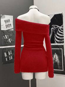 StreetHx Vestido de suéter casual de manga larga con cuello vuelto y botones, de corte ajustado, para mujer - Rojo - Ver 2