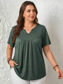 Miaspire Plus Size Summer Casual Solid Color Notched Neck T-Shirt - Green - View 1