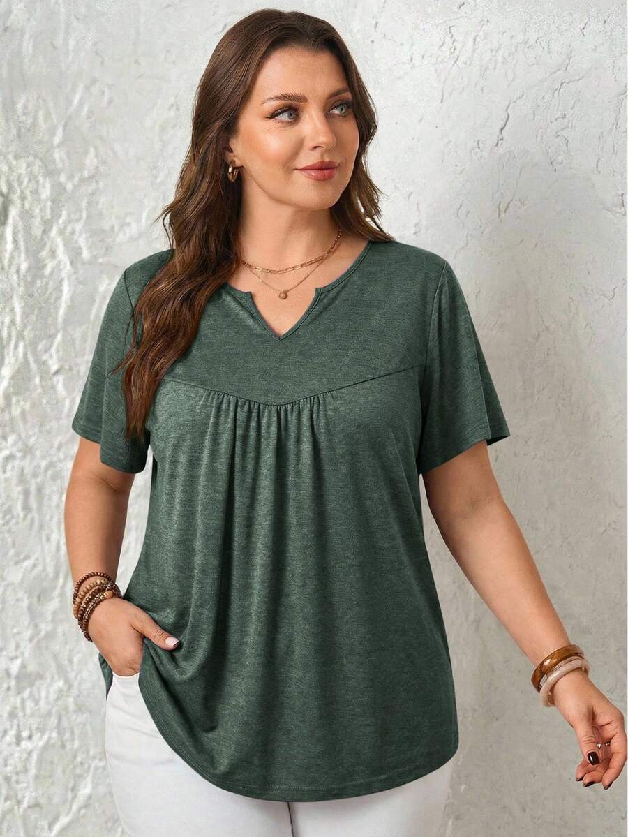 Miaspire Plus Size Summer Casual Solid Color Notched Neck T-Shirt - Green - View 1