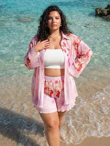SHEIN CURVE+ Casual Plus Size Collared Wrist-Length Sleeve Tie Dye Blouse And Short Set For Summer Vacation Beachwear - Multicolor - View 4