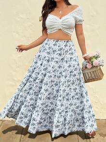 Sunnyshic Große Größen Blau Blumen Muster Casual Vielseitig Elegant Rock, Frühling/Sommer Y2k Midi Rock Zwei Teile mit Rock Damen Sommer Outfits Röcke für Damen Zwei Teile Brunch Outfits für Damen - Babyblau - Übersicht 5