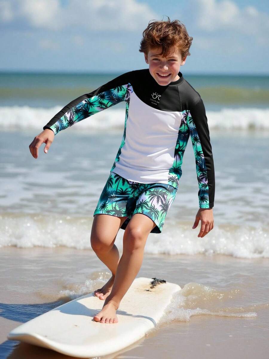 SHEIN Boys' Printed 2 Pieces Casual Vacation Pattern Long Sleeve Swimsuit And Swim Trunks - Green - View 1