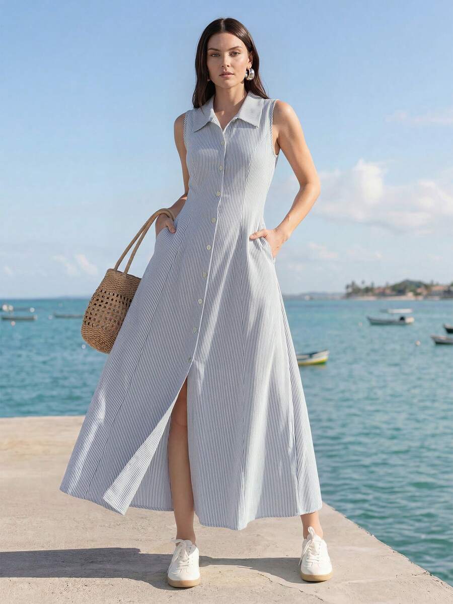 Briarwyn Đầm dài không tay kẻ sọc cài một hàng khuy dành cho nữ, trang phục mùa hè cho nữ, trang phục mùa xuân cho nữ, trang phục nghỉ hè, ngày lễ tình nhân, ngày lễ Thánh Patrick cho nữ, trang phục đi biển cho nữ, trang phục đi chơi, đầm ngày lễ tình nhân, đầm dạ hội sang trọng cho đám cưới, đầm thường ngày cho nữ, đầm dự tiệc cho nữ. - Xanh và trắng - Xem 1