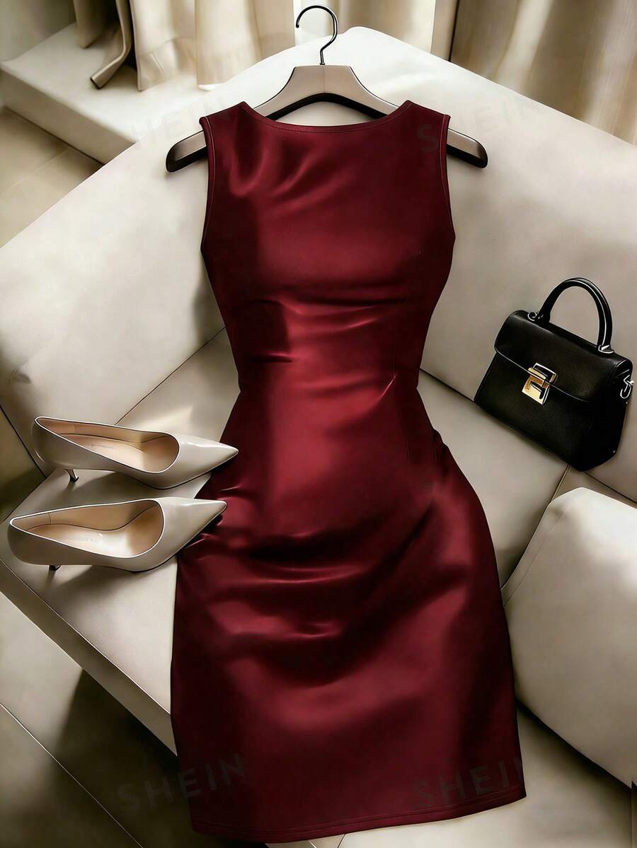 Franclia 优雅商务办公装扮，百搭休闲街头风，魅力都市时尚迷你连衣裙，适合通勤、约会、派对、海滩、日常穿着 - 女士无袖圆领修身中长连衣裙，优雅女士连衣裙，女士优雅套装，女士正装，高品质连衣裙 - 酒紅色 - 查看 1