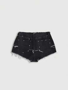 ROMWE Street Life Spring/Summer Women's Y2K Sexy Baddie Punk Rivet Decor Flag Print Frayed Hem Super Low Waist Denim Micro Shorts Independence Day Swimming Pastal - Black - View 2
