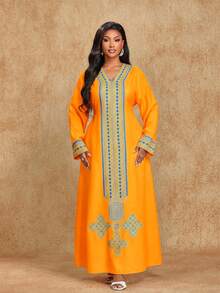 Brilight Gaun Wanita Elegan dan Sopan, Jubah Arab Timur Tengah Berwarna Oranye dan Biru, Motif Tradisional, Sempurna untuk Makan Malam Liburan Musim Gugur, Pesta & Perayaan - Jeruk - View 3