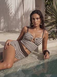 Swim Chiccia Bộ đồ bơi tankini kẻ sọc mùa hè dành cho nữ - màu nâu - Xem 4