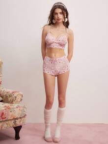 Bộ đồ lót ren 2 món, Bộ áo ngực và quần lót ren dễ thương cho nữ, Không dây - Hồng - Xem 4