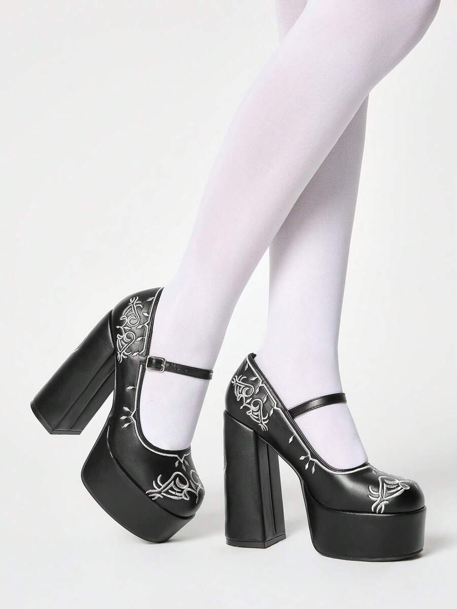 ROMWE Goth Women's Spring/Autumn New Strap Embroidered Pattern High Heel Platform Pumps 2000s Style Y2K - Graphite Black - View 1