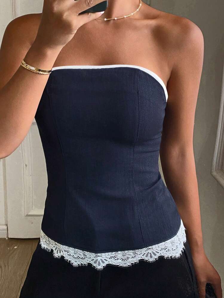 Women's Lace Patchwork Contrast Color Fitted Casual Vacation Camisole Top