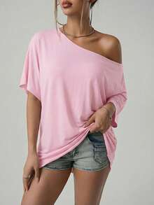 SHEIN ICON Camiseta de manga raglán de corte holgado y casual para mujer, de unicolor - Rosa - Ver 4