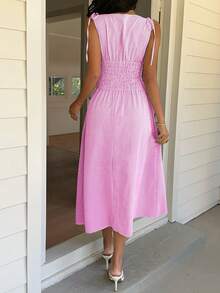 SHEIN EZwear Vestido sin mangas con cinturón y rayas en rosa para mujeres - Rosa - Ver 2