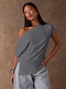 SHEIN BAE 女士休闲纯色不对称T恤，夏季 - 深灰色 - 查看 3