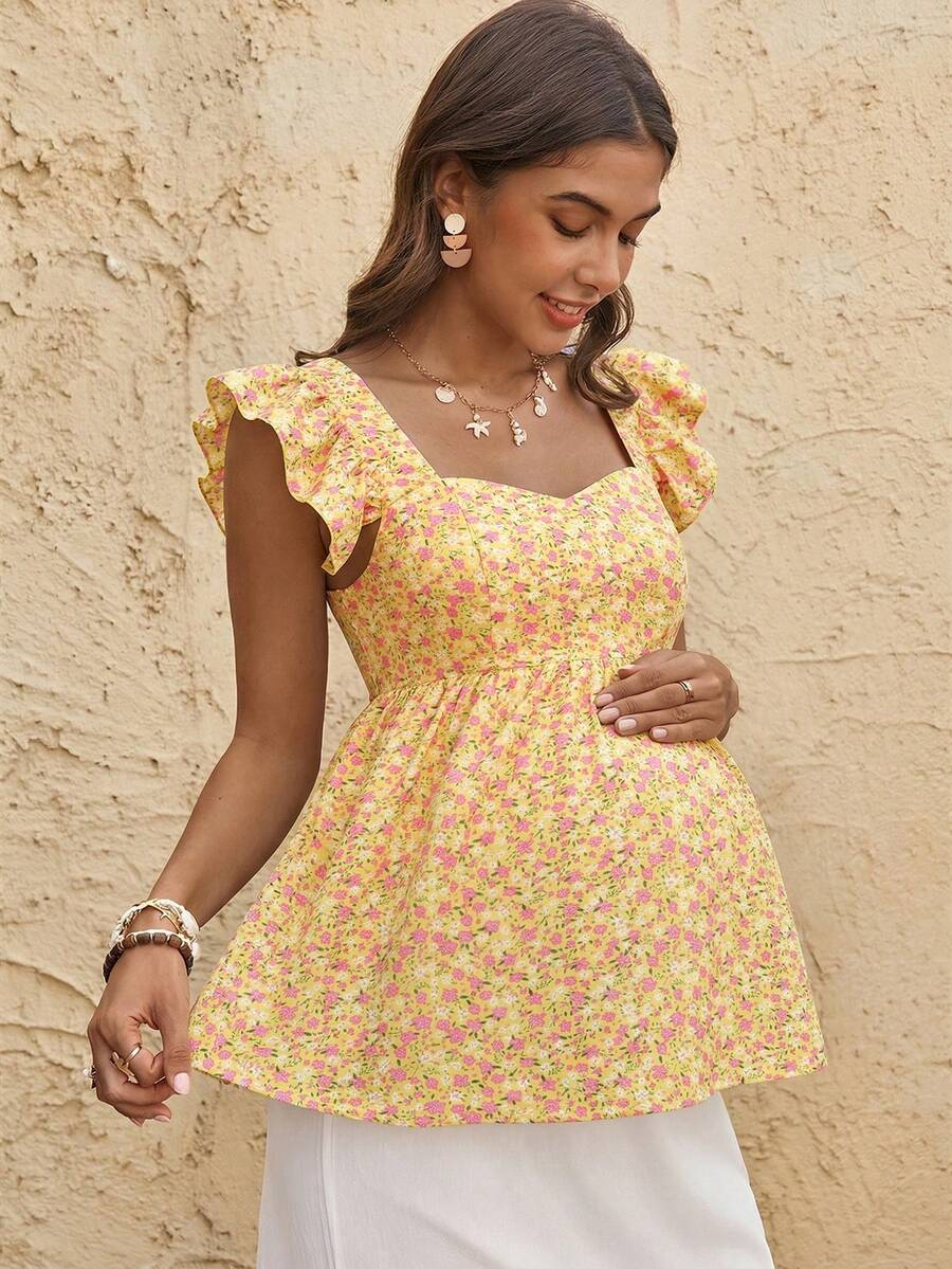 Boho Mama Áo sơ mi bầu tay ngắn họa tiết hoa nhí kiểu dáng thường ngày - Màu vàng - Xem 1