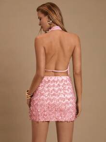 SHEIN Glamour Đầm ngắn màu hồng đính sequin gợi cảm cổ chữ V hở lưng, kiểu yếm, sang trọng, thanh lịch, thích hợp cho dạ hội, lễ hội âm nhạc và hội chợ, thời trang đường phố, trang phục đi xem hòa nhạc, trang phục đi club, trang phục hẹn hò, trang phục sinh nhật cho nữ, phụ kiện dự tiệc, đầm dự tiệc cưới, điểm nhấn thời trang hoa. - Màu Hồng baby - Xem 2