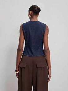 ATUI Studio Blusa vaquera casual sin mangas de cuello redondo y calada de unicolor para mujer - Azul Marino - Ver 3