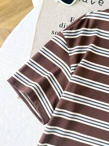 SHEIN 少女针织条纹T恤和短裤套装 - 棕色 - 查看 7