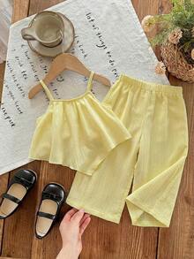SHEIN LMoss Kids Bộ 2 món áo hai dây và quần dài dệt kim màu trơn cho bé gái - Màu vàng - Xem 1