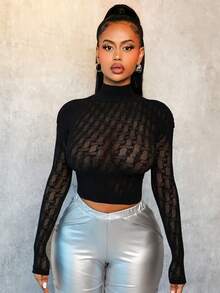 BamGleam Women High Neck Long Sleeve Cropped Fitted Sexy Jacquard Blouse Fall Cloth For Women - Black - View 7