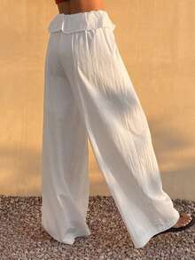 Livesso Women's Solid Color Waist Ruffle Hem Wide Leg Pants - White - View 2