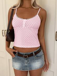 CovetEZ 女士粉色休闲度假甜美波点印花紧身吊带背心 - 粉色 - 查看 4