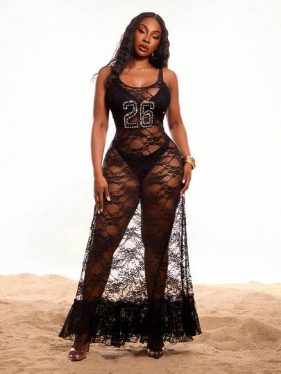 SHEIN SXY Plus Size Women's Rhinestone Embellished Lace Sexy Camisole Dress
