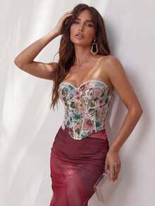 Glamine 性感浪漫提花拼接花卉饰边钢圈抹胸上衣（女款） - 彩色 - 查看 10