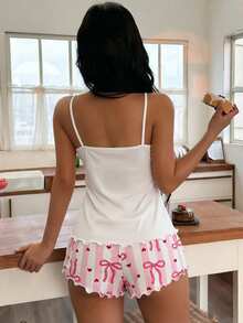 SHEIN 蝴蝶结、条纹、心形印花吊带背心和短裤女士睡衣套装 - 彩色 - 查看 2