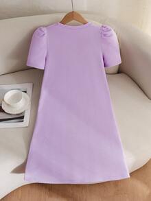 Elladie kids Đầm ngắn tay xếp ly thắt nơ cho bé gái tuổi teen, dáng rộng, thích hợp mùa xuân/hè. - Màu tím hoa cà - Xem 2