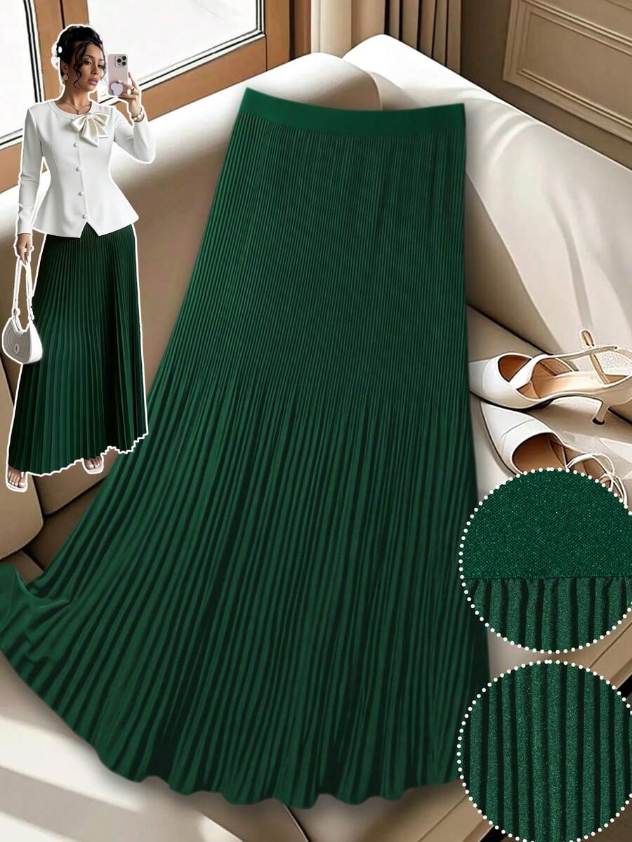 GlowEve CURVE Plus Size Women Solid Color Elastic Waist Pleated Casual Skirt - Dark Green - View 1
