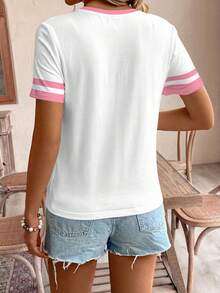 SHEIN Essnce Áo thun tay ngắn cổ tròn dáng rộng, tối giản, màu hồng phối sọc tương phản, in logo ngựa, thích hợp cho mùa xuân/hè. - Nhiều màu - Xem 5