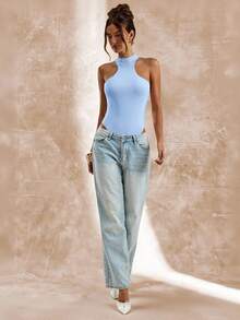 SHEIN BAE Áo liền thân không tay màu mơ, thiết kế bất đối xứng, ôm sát cơ thể dành cho nữ, thích hợp cho mùa xuân/hè. - Màu xanh nhạt - Xem 6